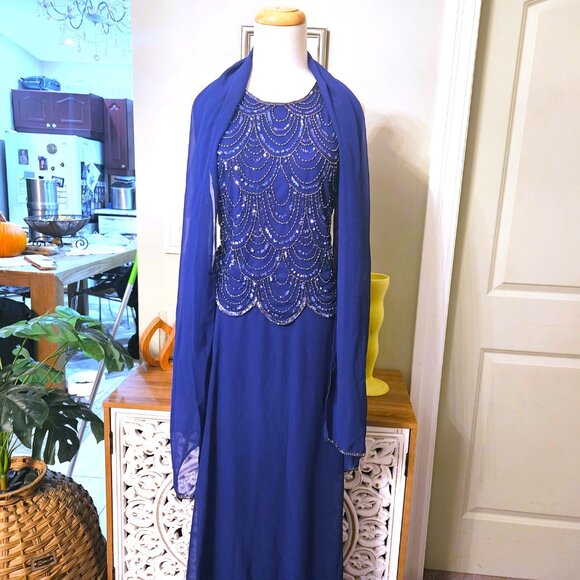 NWT J Kara Handmade Beaded Gown & Scarf, sz 6 - Picture 10 of 14
